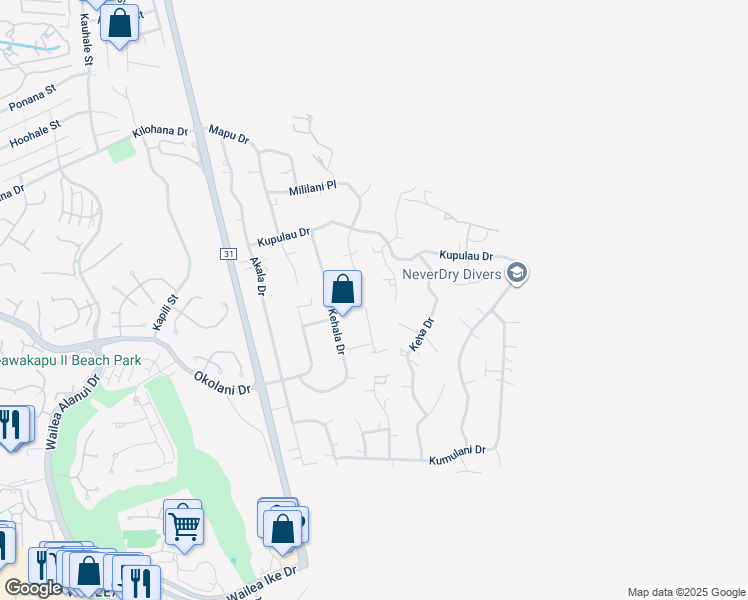 map of restaurants, bars, coffee shops, grocery stores, and more near 3343 Kuaua Place in Kihei