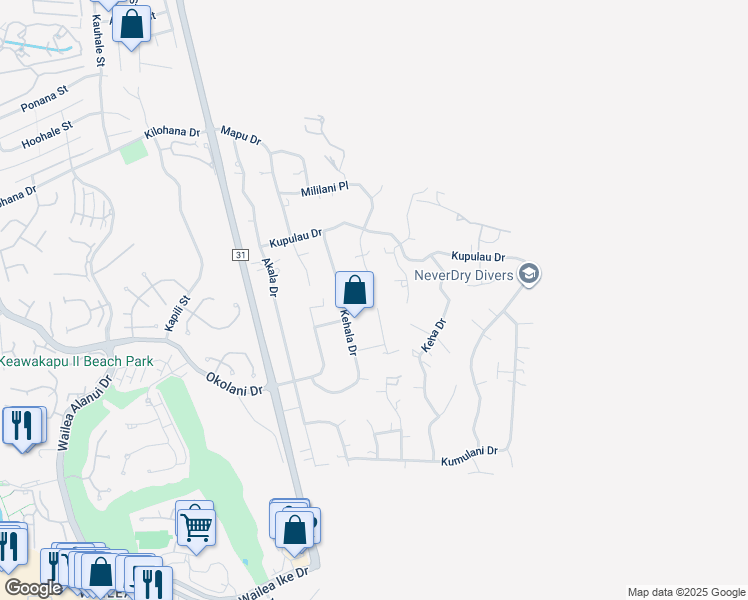 map of restaurants, bars, coffee shops, grocery stores, and more near 3340 Kuaua Place in Kihei
