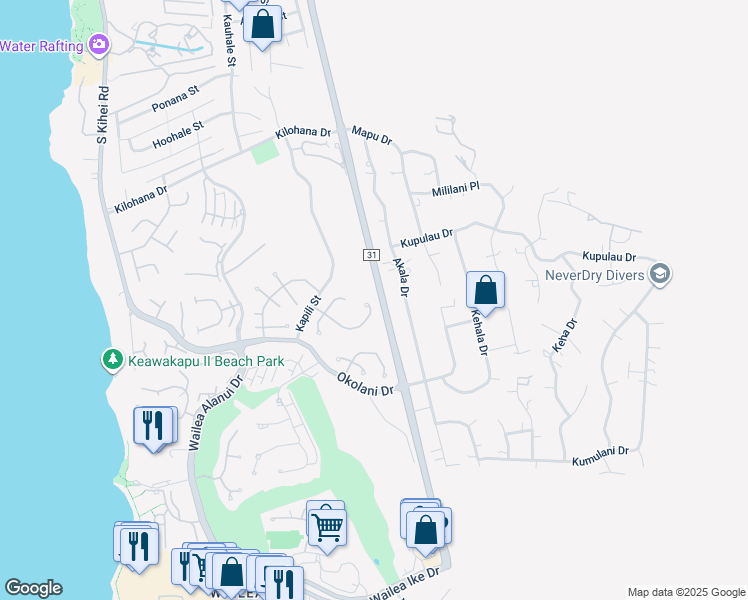 map of restaurants, bars, coffee shops, grocery stores, and more near 388 Pualoa Nani Way in Kihei