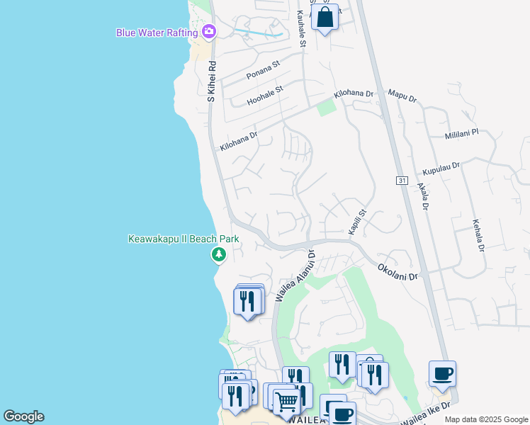 map of restaurants, bars, coffee shops, grocery stores, and more near 42 Okolani Drive in Kihei
