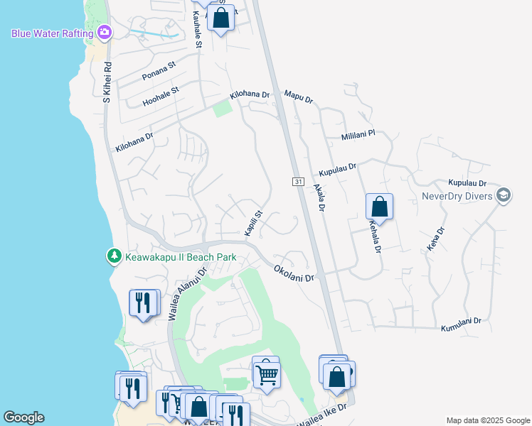 map of restaurants, bars, coffee shops, grocery stores, and more near 3130 Noho Loihi Way North in Kihei