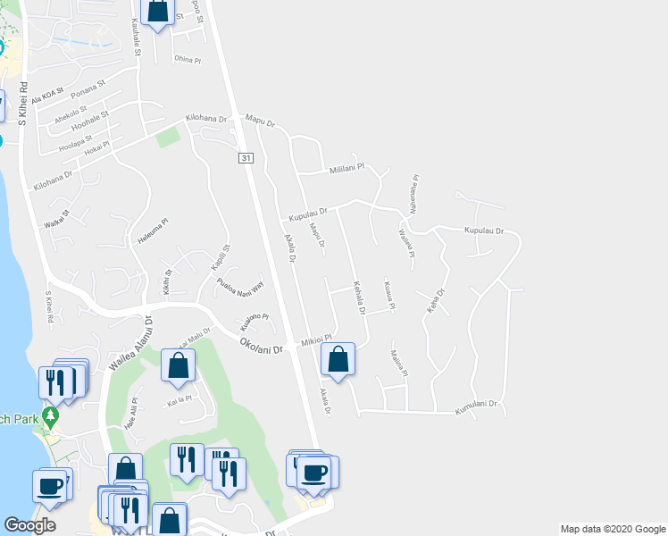 map of restaurants, bars, coffee shops, grocery stores, and more near 560 Mikioi Place in Kihei
