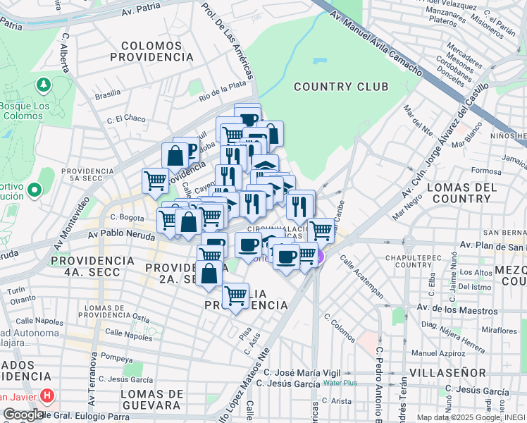 map of restaurants, bars, coffee shops, grocery stores, and more near 2300 Avenida Pablo Neruda in Guadalajara