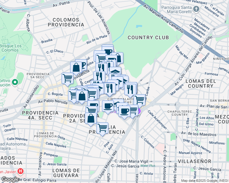map of restaurants, bars, coffee shops, grocery stores, and more near 2300 Avenida Pablo Neruda in Guadalajara