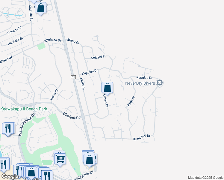 map of restaurants, bars, coffee shops, grocery stores, and more near 3340 Kuaua Place in Kihei