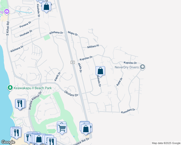 map of restaurants, bars, coffee shops, grocery stores, and more near 566 Mikioi Place in Kihei