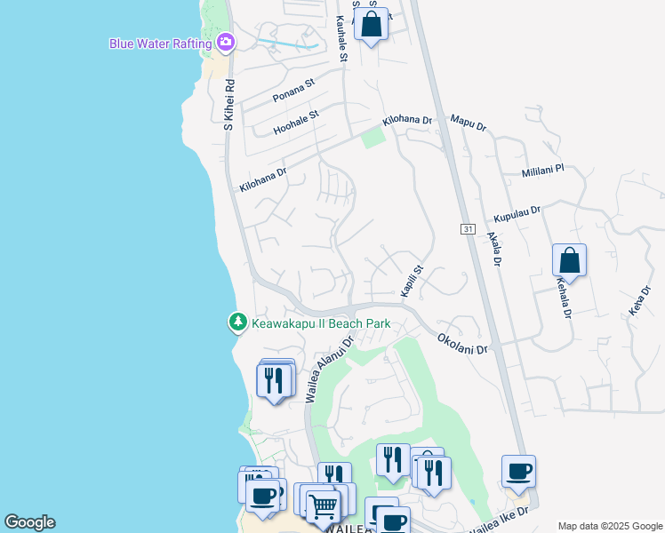 map of restaurants, bars, coffee shops, grocery stores, and more near 3150 Wailea Alanui Drive in Kihei