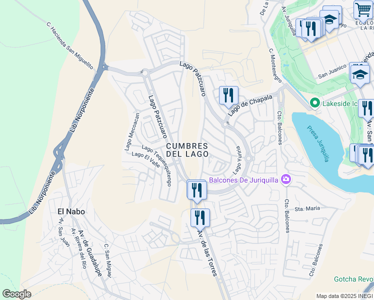map of restaurants, bars, coffee shops, grocery stores, and more near in Santiago de Querétaro