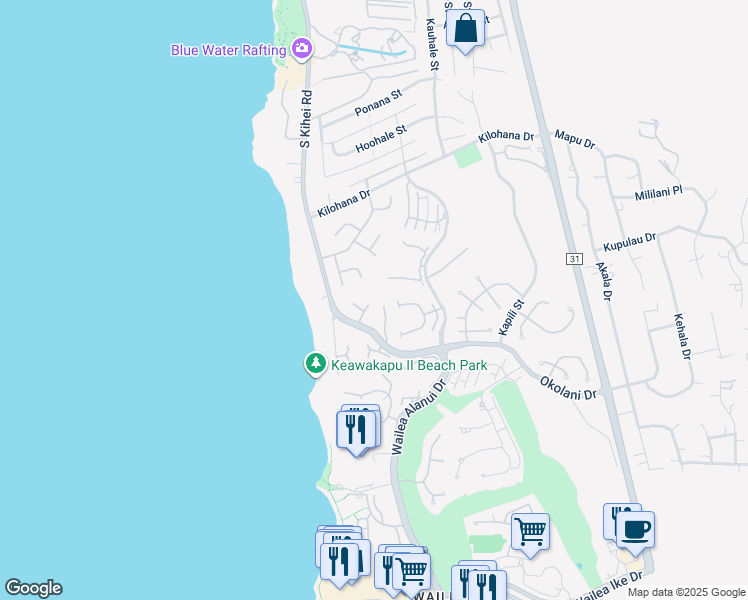 map of restaurants, bars, coffee shops, grocery stores, and more near 32 Manu Ihu Place in Kihei