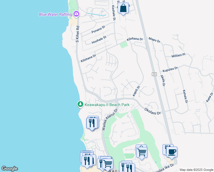 map of restaurants, bars, coffee shops, grocery stores, and more near 42 Okolani Drive in Kihei