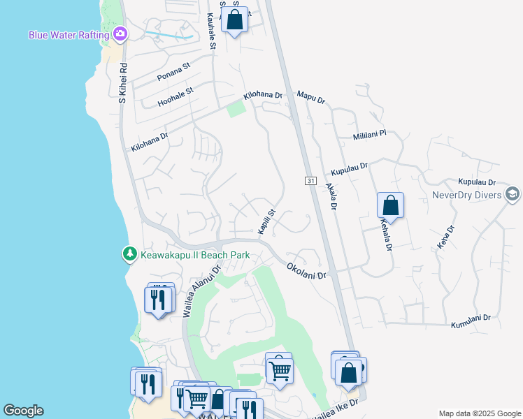 map of restaurants, bars, coffee shops, grocery stores, and more near 221 East Ikea Kai Place in Kihei