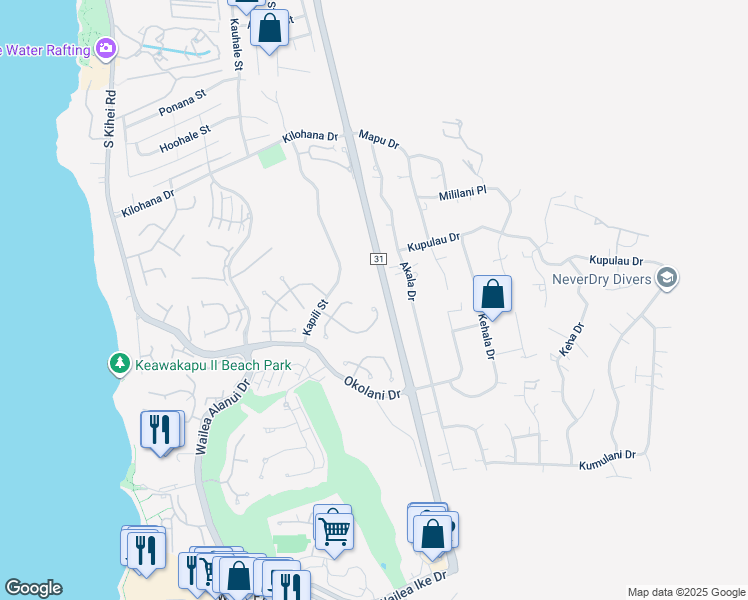 map of restaurants, bars, coffee shops, grocery stores, and more near 390 Pualoa Nani Way in Kihei