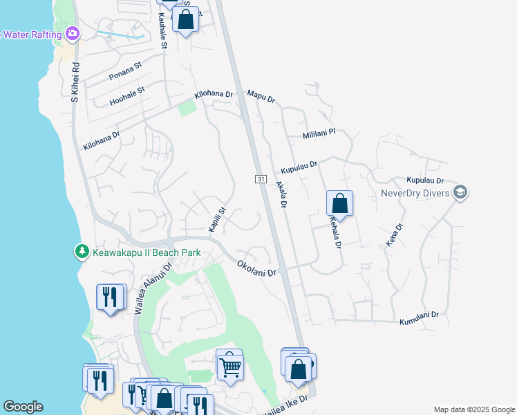 map of restaurants, bars, coffee shops, grocery stores, and more near 390 Pualoa Nani Way in Kihei