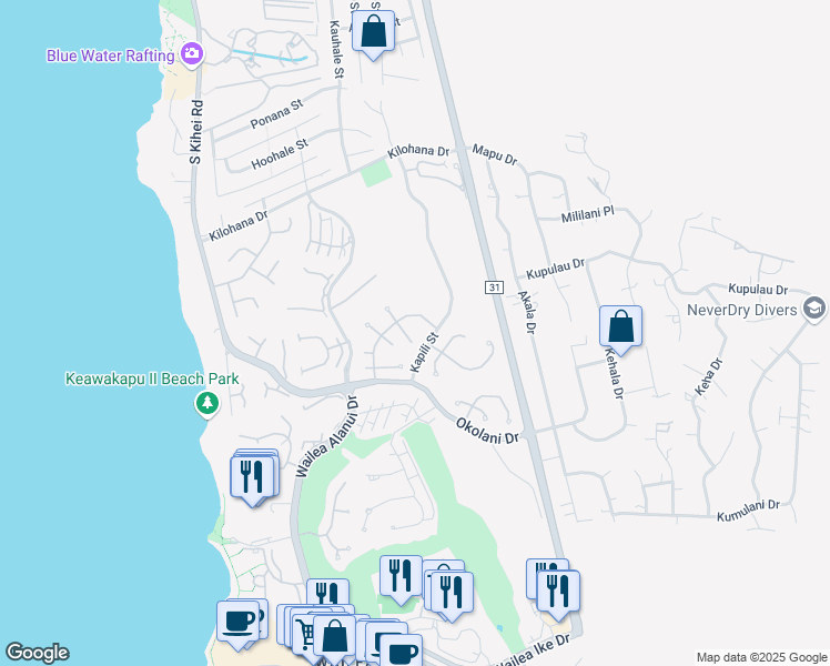 map of restaurants, bars, coffee shops, grocery stores, and more near 221 East Ikea Kai Place in Kihei