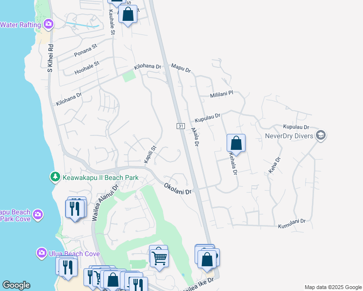 map of restaurants, bars, coffee shops, grocery stores, and more near 388 Pualoa Nani Way in Kihei