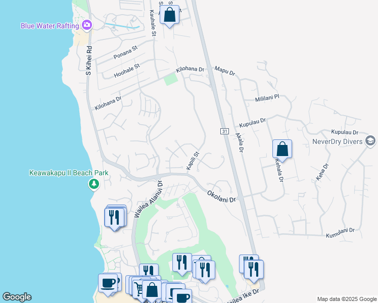 map of restaurants, bars, coffee shops, grocery stores, and more near 211 East Ikea Kai Place in Kihei