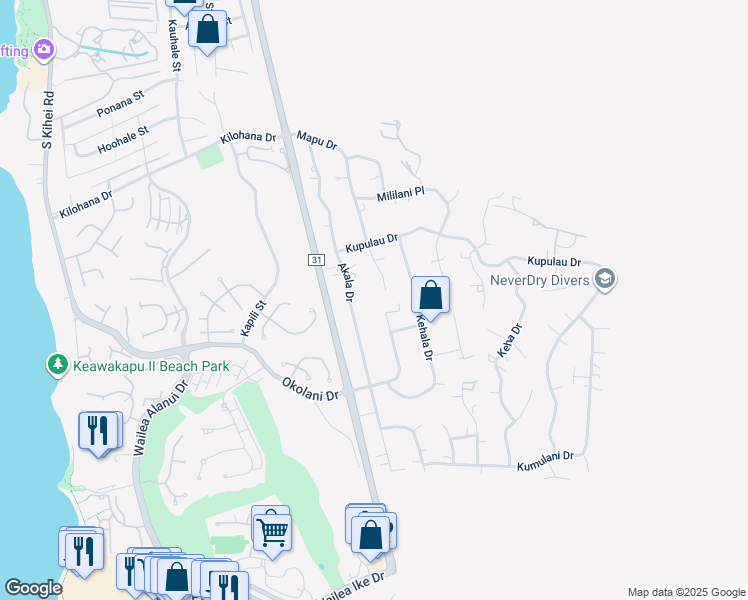 map of restaurants, bars, coffee shops, grocery stores, and more near 3326 Mapu Drive in Kihei