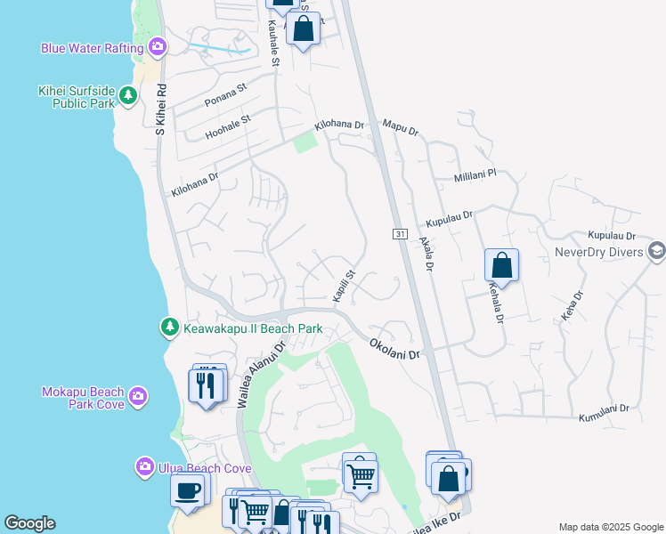 map of restaurants, bars, coffee shops, grocery stores, and more near 211 East Ikea Kai Place in Kihei