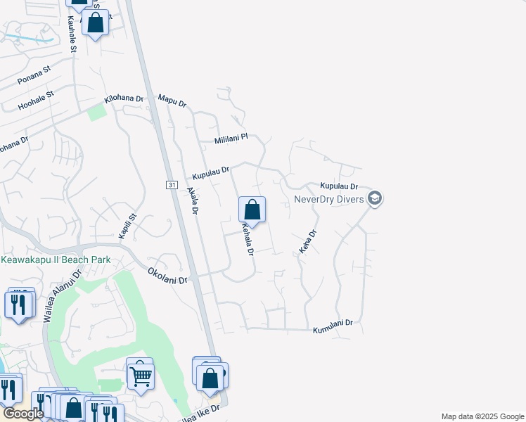map of restaurants, bars, coffee shops, grocery stores, and more near 750 Mililani Place in Kihei