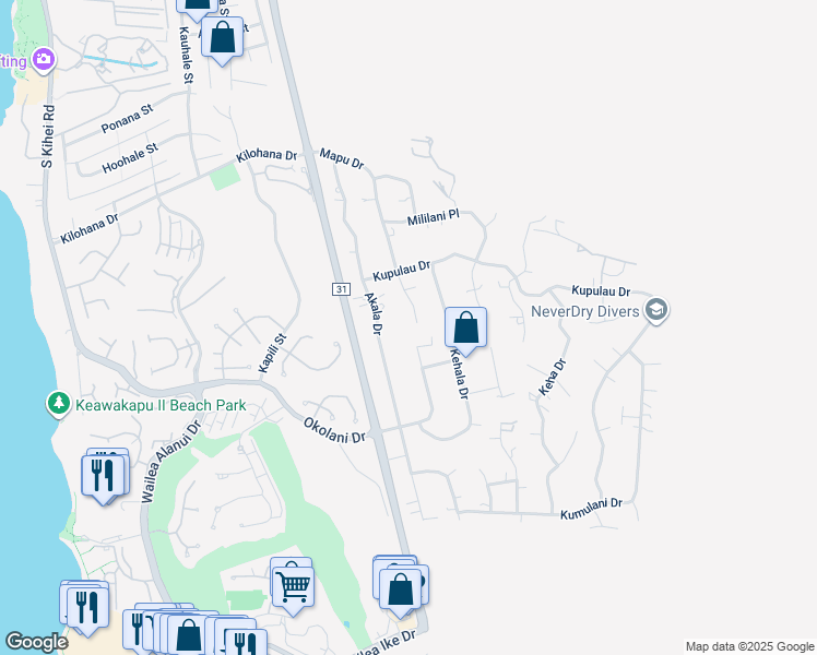 map of restaurants, bars, coffee shops, grocery stores, and more near 3326 Mapu Drive in Kihei