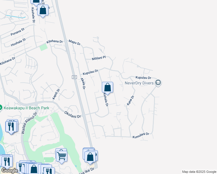 map of restaurants, bars, coffee shops, grocery stores, and more near 736 Mililani Place in Kihei