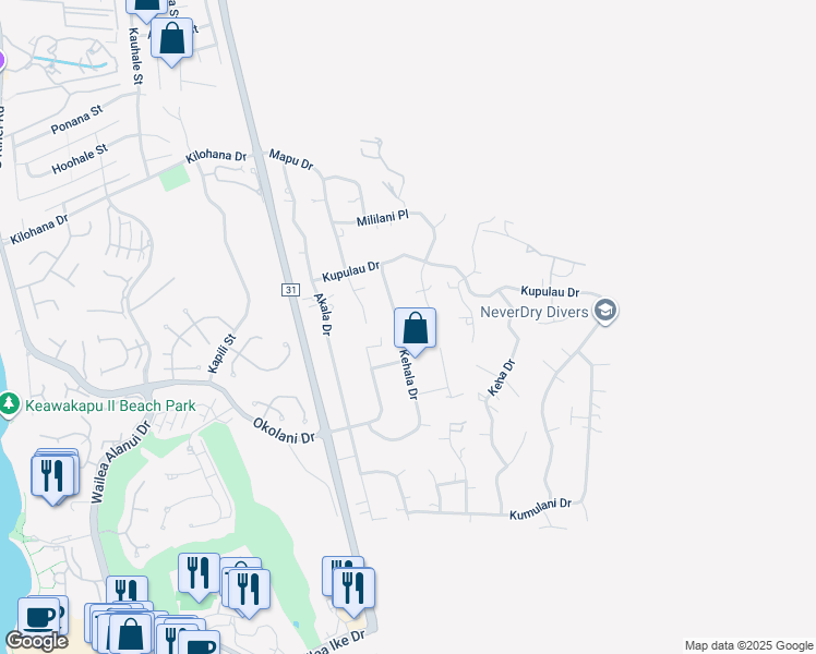 map of restaurants, bars, coffee shops, grocery stores, and more near 3285 Kehala Drive in Kihei