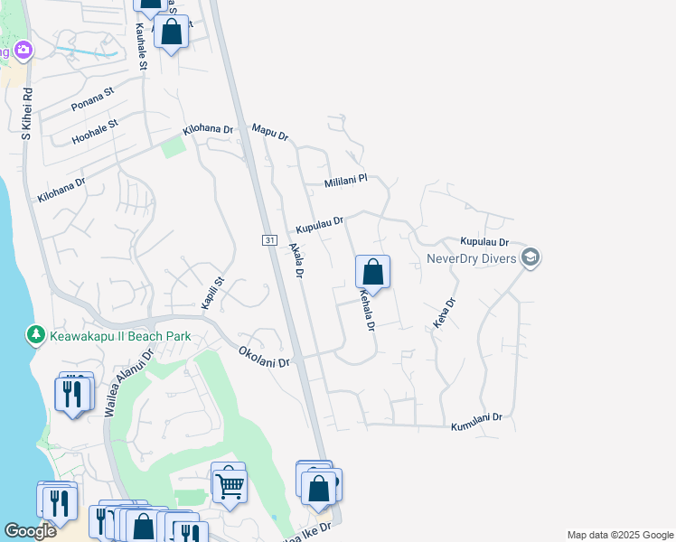 map of restaurants, bars, coffee shops, grocery stores, and more near 3325 Mapu Drive in Kihei