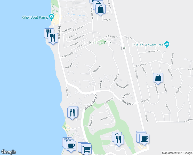 map of restaurants, bars, coffee shops, grocery stores, and more near 168 West Ikea Moku Place in Kihei
