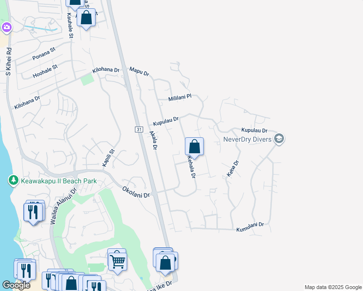 map of restaurants, bars, coffee shops, grocery stores, and more near 3296 Kehala Drive in Kihei