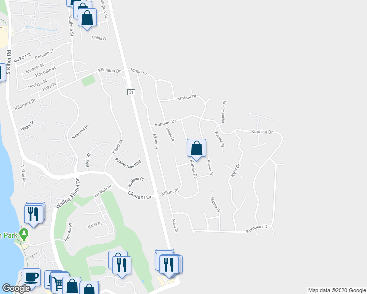 map of restaurants, bars, coffee shops, grocery stores, and more near 3296 Kehala Drive in Kihei