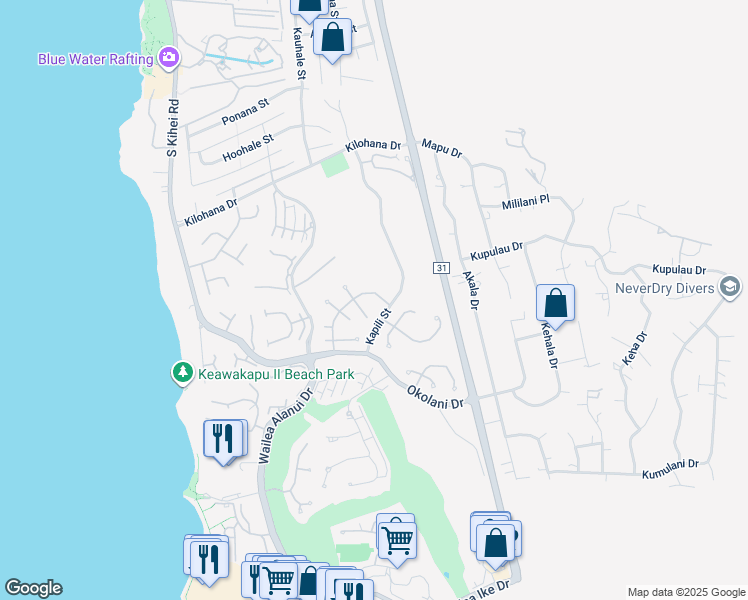 map of restaurants, bars, coffee shops, grocery stores, and more near 3133 Kikihi Street in Kihei