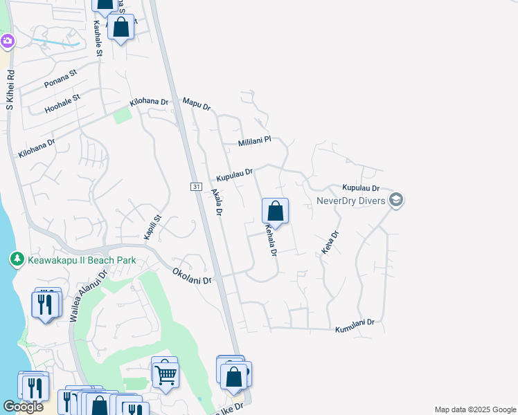 map of restaurants, bars, coffee shops, grocery stores, and more near 3286 Kehala Drive in Kihei