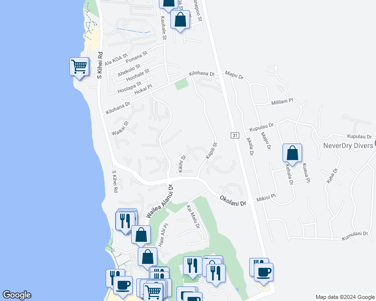 map of restaurants, bars, coffee shops, grocery stores, and more near 176 West Ikea Kai Place in Kihei