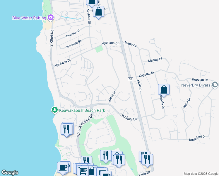 map of restaurants, bars, coffee shops, grocery stores, and more near 3133 Kikihi Street in Kihei
