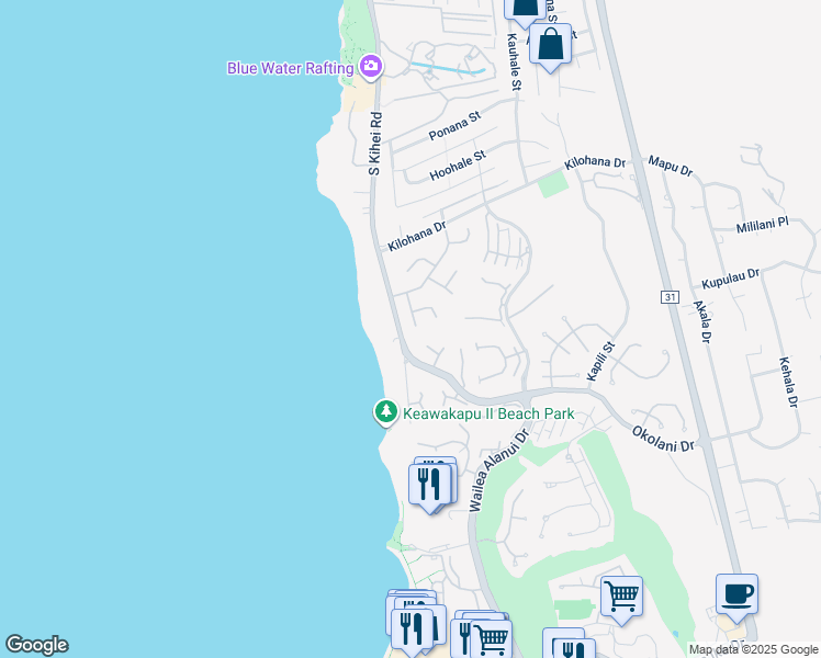 map of restaurants, bars, coffee shops, grocery stores, and more near 3150 Waakea Place in Kihei