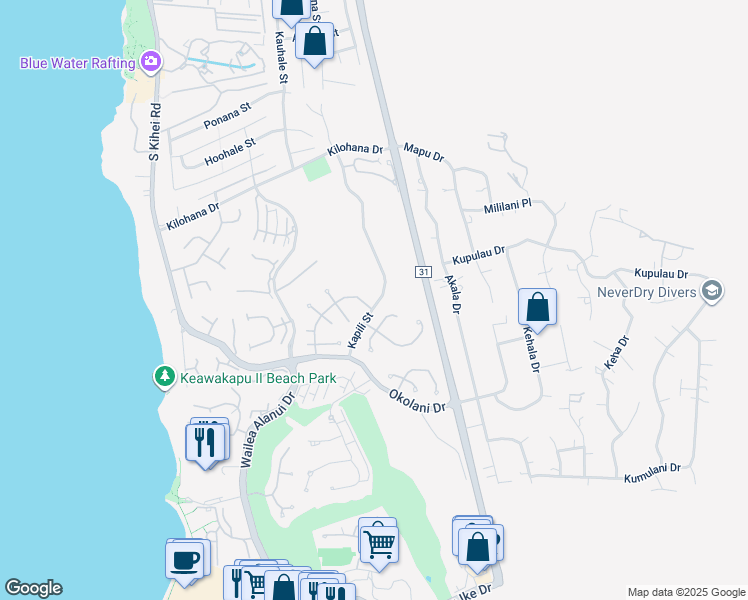map of restaurants, bars, coffee shops, grocery stores, and more near 3122 Kikihi Street in Kihei