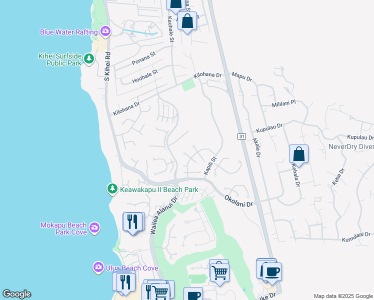 map of restaurants, bars, coffee shops, grocery stores, and more near 166 West Ikea Kai Place in Kihei