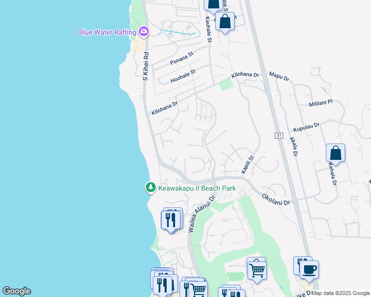 map of restaurants, bars, coffee shops, grocery stores, and more near 3150 Wailea Alanui Drive in Wailea-Makena