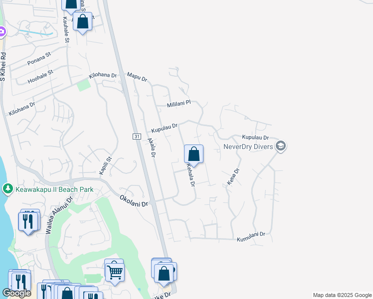 map of restaurants, bars, coffee shops, grocery stores, and more near 3295 Kehala Drive in Kihei