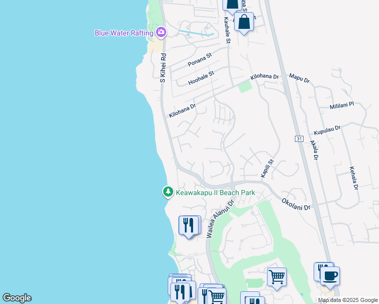 map of restaurants, bars, coffee shops, grocery stores, and more near 60 Hoawaa Way in Kihei
