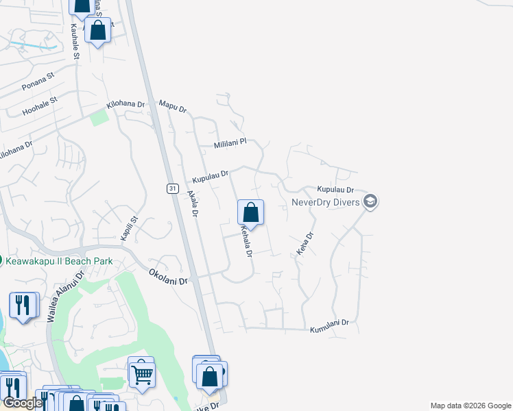 map of restaurants, bars, coffee shops, grocery stores, and more near 736 Mililani Place in Kihei