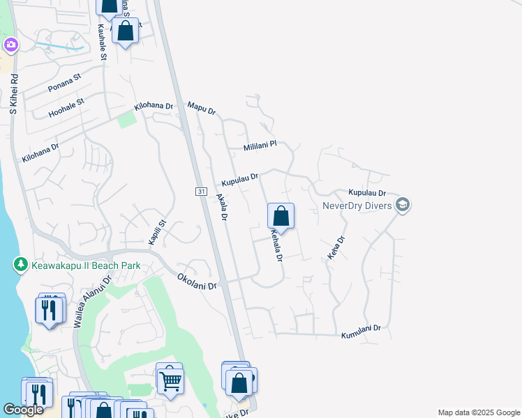 map of restaurants, bars, coffee shops, grocery stores, and more near 3286 Kehala Drive in Kihei