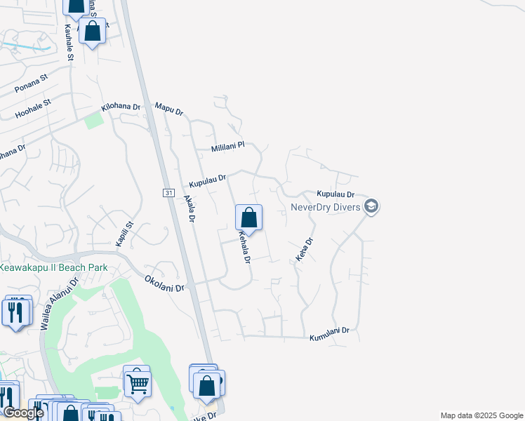 map of restaurants, bars, coffee shops, grocery stores, and more near 737 Mililani Place in Kihei
