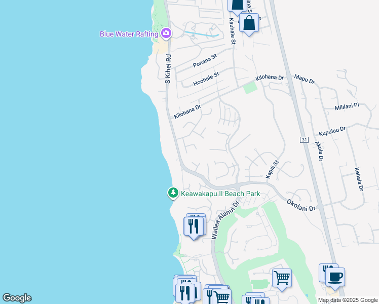 map of restaurants, bars, coffee shops, grocery stores, and more near 3149 Waakea Place in Kihei