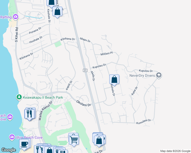 map of restaurants, bars, coffee shops, grocery stores, and more near 3267 Akala Drive in Kihei