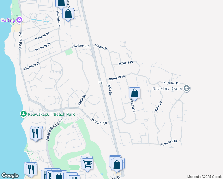 map of restaurants, bars, coffee shops, grocery stores, and more near 3267 Akala Drive in Kihei