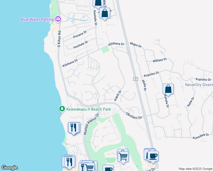 map of restaurants, bars, coffee shops, grocery stores, and more near 172 West Ikea Kai Place in Kihei