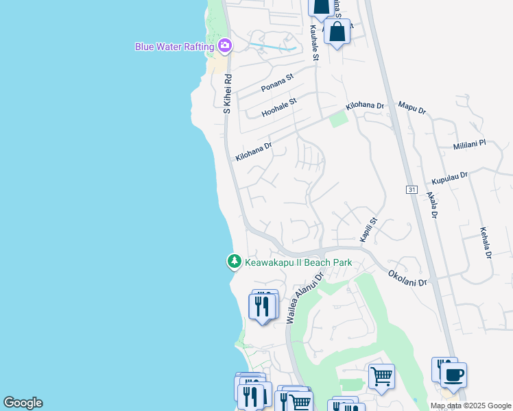 map of restaurants, bars, coffee shops, grocery stores, and more near 3149 Waakea Place in Kihei