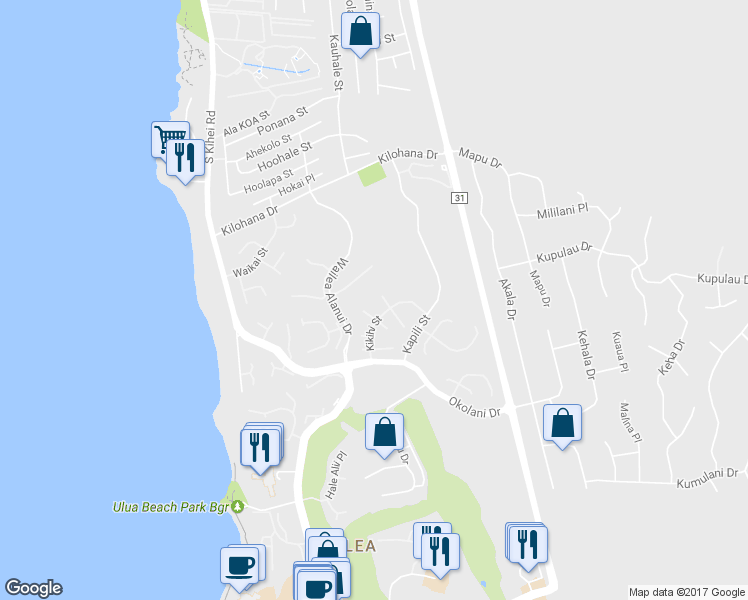 map of restaurants, bars, coffee shops, grocery stores, and more near 166 West Ikea Kai Place in Kihei