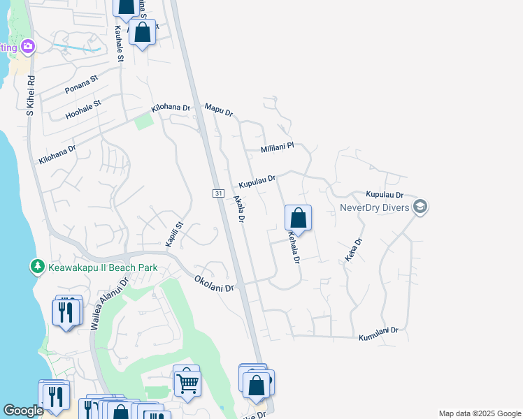 map of restaurants, bars, coffee shops, grocery stores, and more near 3306 Mapu Drive in Kihei